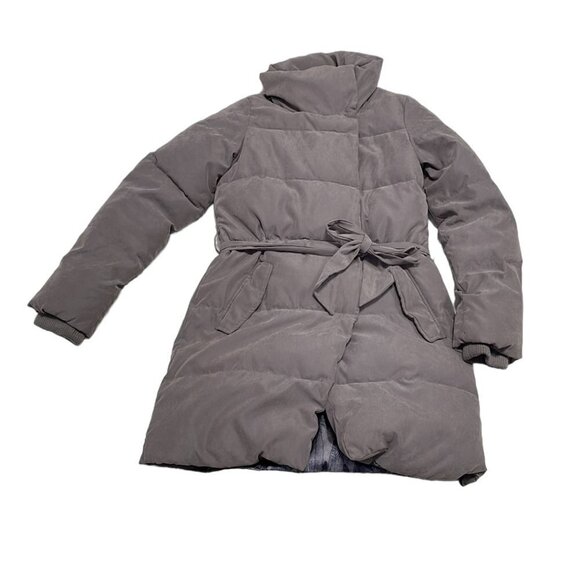 ICHI Puffer Trench Coat Square Tie Brown Size Medium M - Picture 3 of 16